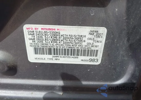 2007 Mitsubishi Outlander from USA, damaged, VIN JA4MT31X07V014289